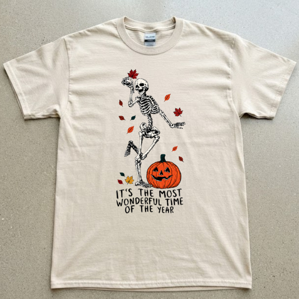 It's The Most Wonderful Time Of The Year Skeleton Pumpkin Autumn Natural Tee